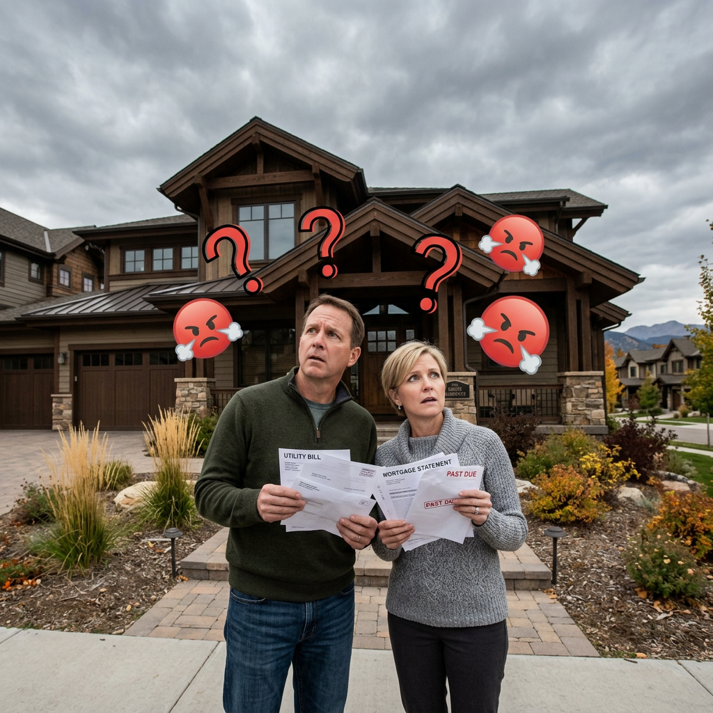 Worried couple holding utility and past-due mortgage bills outside a house