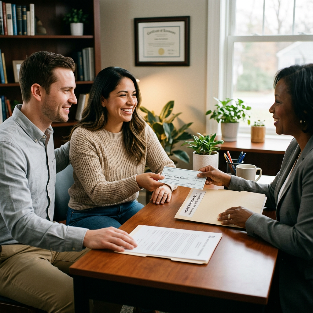 Home buyers handing over an earnest money deposit
